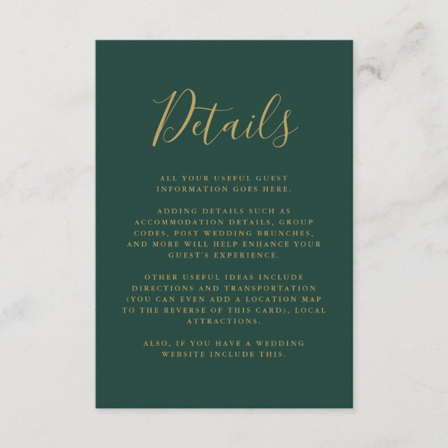 Emerald And Gold Guest Information Script Details Enclosure Card (Front)