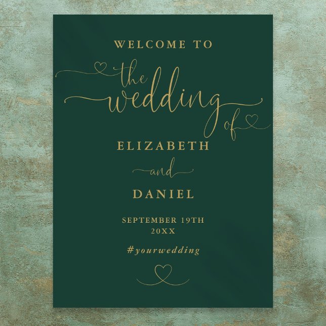 Emerald And Gold Heart Script Wedding Welcome Sign (Emerald And Gold Heart Script Wedding Welcome Sign)