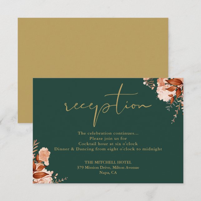 Emerald And Gold Rustic Floral Wedding Reception Enclosure Card (Front/Back)