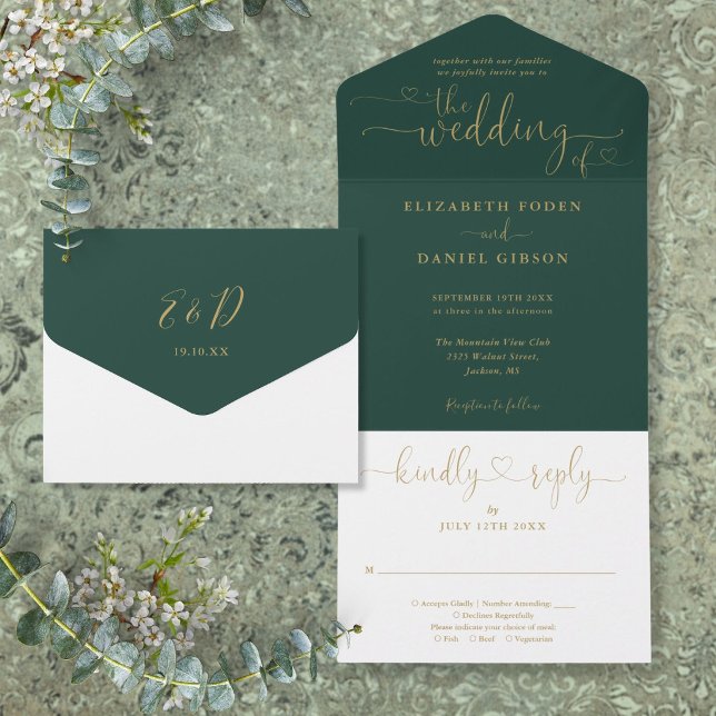 Emerald And Gold Script Hearts Minimalist Wedding All In One Invitation (Emerald And Gold Script Hearts Minimalist Wedding All In One Invitation)