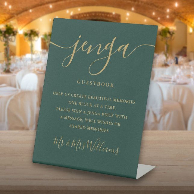 Emerald And Gold Script Jenga Wedding Guestbook Pedestal Sign (Emerald And Gold Script Jenga Wedding Guestbook Pedestal Sign)