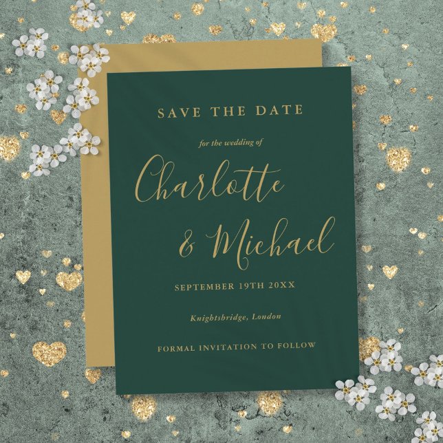 Emerald And Gold Script Wedding Save the Date Card (Emerald And Gold Script Wedding Save the Date Card)
