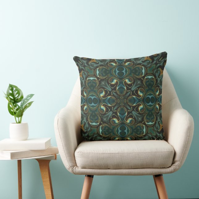Emerald and Gold Symmetrical Abstract Mandala Cushion (Chair)