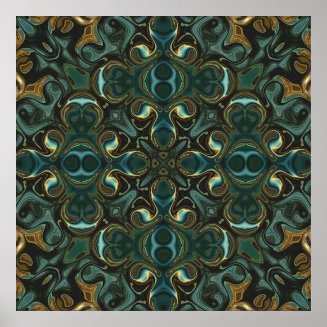 Emerald and Gold Symmetrical Abstract Mandala Poster (Front)