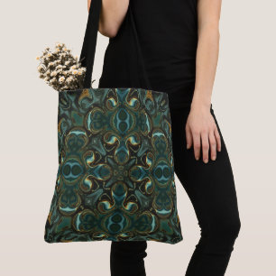 Emerald and Gold Symmetrical Abstract Mandala Tote Bag
