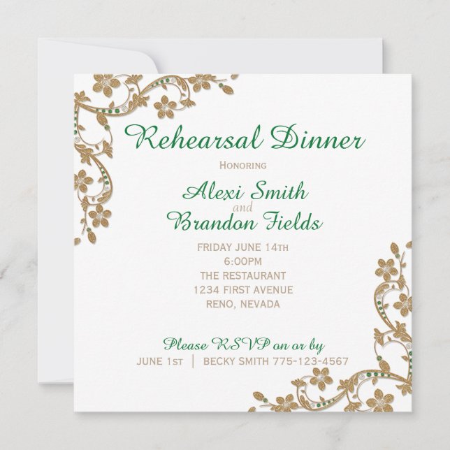 Emerald and Gold Wedding Rehersal Dinner Invitation (Front)