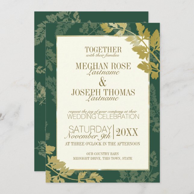 Emerald and Golden Leaf Wedding Invitation (Front/Back)