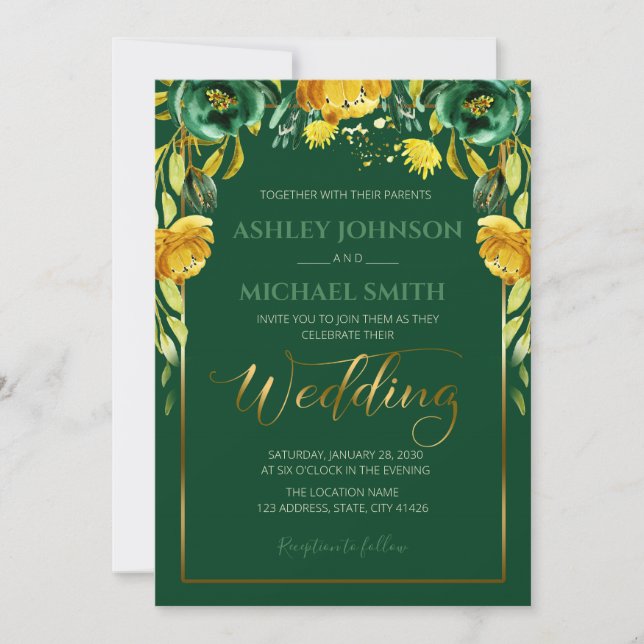 Emerald and mustard wedding theme invitation (Front)