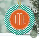 Emerald and Orange Chevrons Custom Triple Monogram Ceramic Tree Decoration<br><div class="desc">A bold geometric design in fresh,  cheerful colours. If you need to adjust the monograms,  click on the customise it button and make changes.</div>