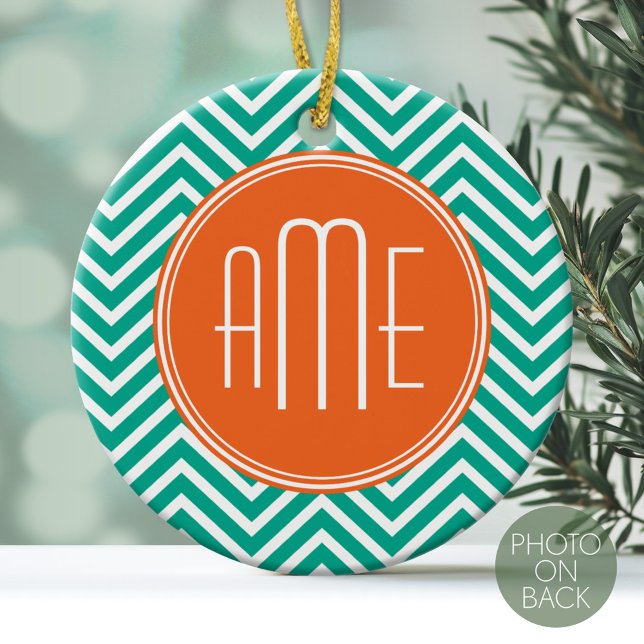 Emerald and Orange Chevrons Custom Triple Monogram Ceramic Tree Decoration (Personalized Photo Ornament with Monogram)