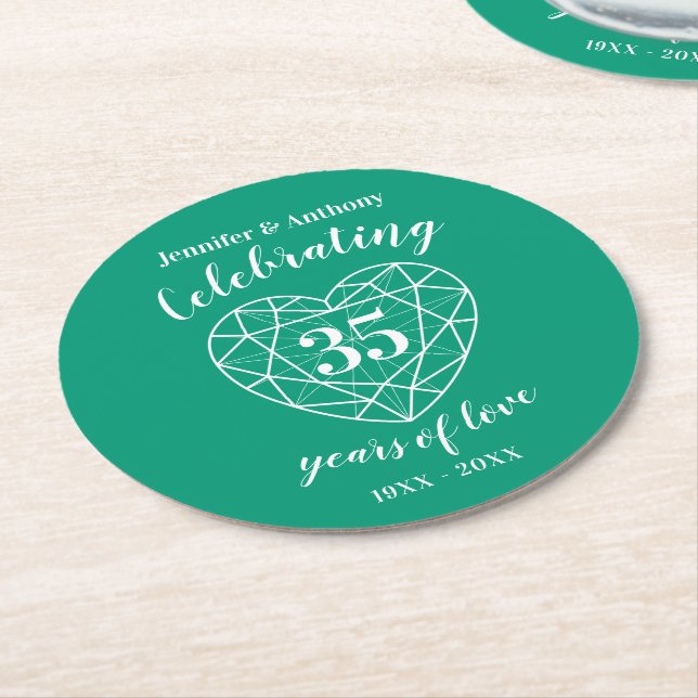 Emerald anniversary 35 years party coasters (Angled)