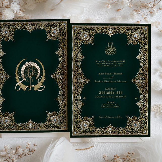 Emerald Antique Gold & Jewelled Islamic Wedding Invitation (Creator Uploaded)