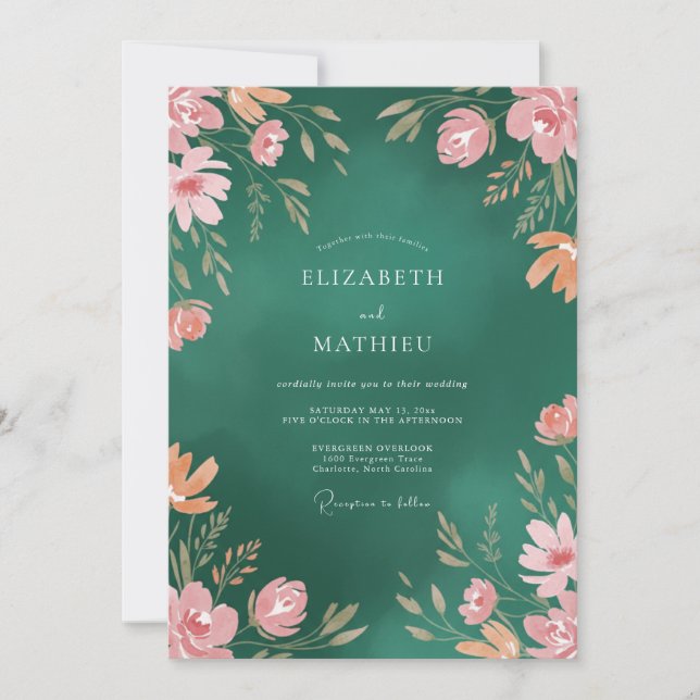 Emerald Apricot Leafy Wedding Invitation (Front)