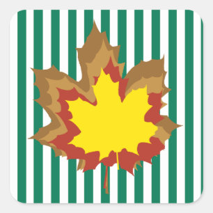 Emerald Autumnal Stripes with Leaves Square Sticker