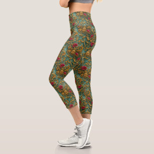 Emerald Baroque Floral with Gold Ornaments Capri Leggings