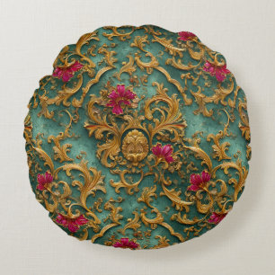 Emerald Baroque Floral with Gold Ornaments Round Cushion
