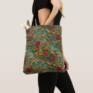 Emerald Baroque Floral with Gold Ornaments Tote Bag