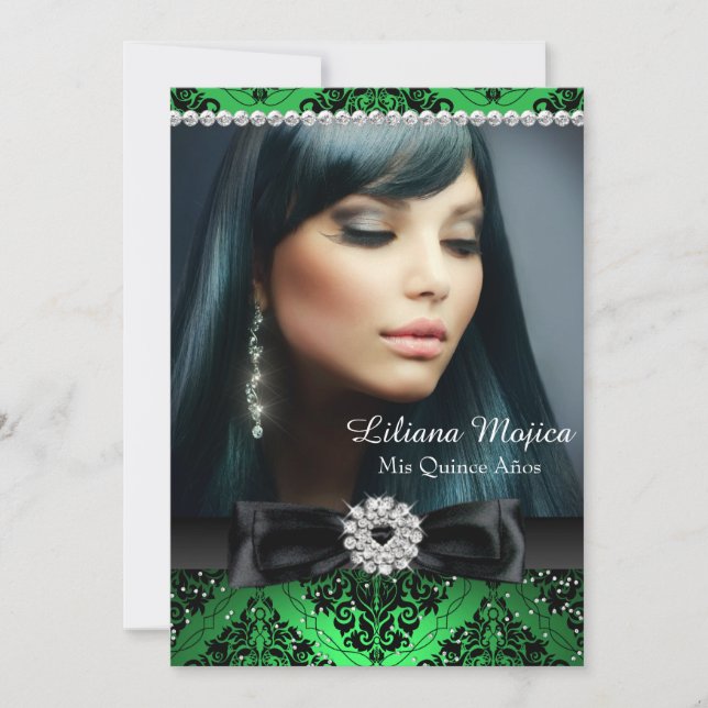Emerald Black Diamond Bow & Damask Quinceanera Invitation (Front)
