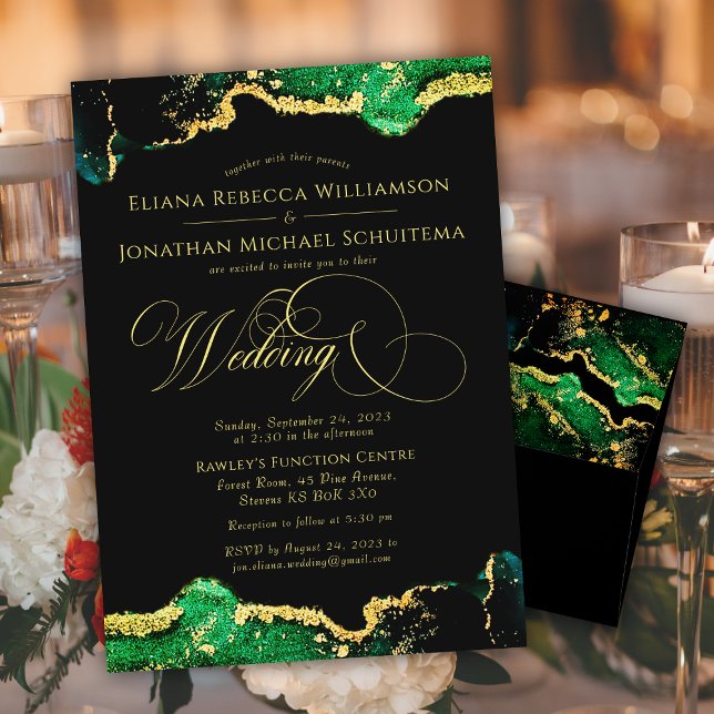 Emerald Black Gold Vintage Script Digital Wedding Invitation (Emerald Black Gold Vintage Script Digital Wedding Invitation)