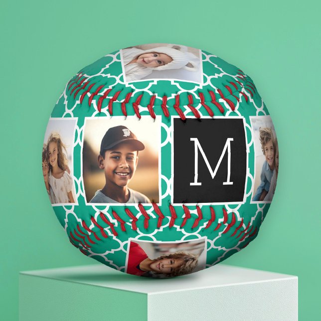 Emerald & Black Instagram 5 Photo Collage Monogram Baseball (Custom Photo Baseball)