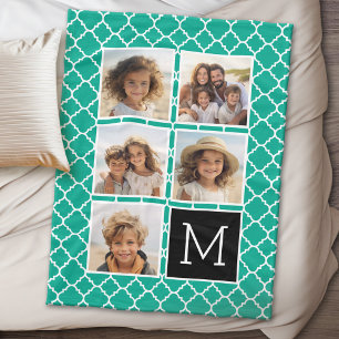 Emerald Black Instagram 5 Photo Collage Monogram Fleece Blanket