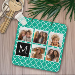 Emerald & Black Instagram 5 Photo Collage Monogram Key Ring<br><div class="desc">Green and White Quatrefoil Pattern - Use five square photos to create a unique and personal gift. Or you can keep the hipster puppy and make a trendy keepsake. If you need to adjust the pictures,  click on the customise tool to make changes.</div>