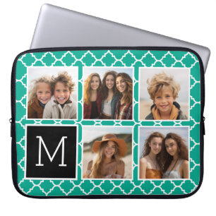 Emerald & Black Instagram 5 Photo Collage Monogram Laptop Sleeve
