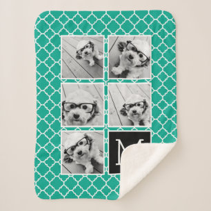 Emerald & Black Instagram 5 Photo Collage Monogram Sherpa Blanket