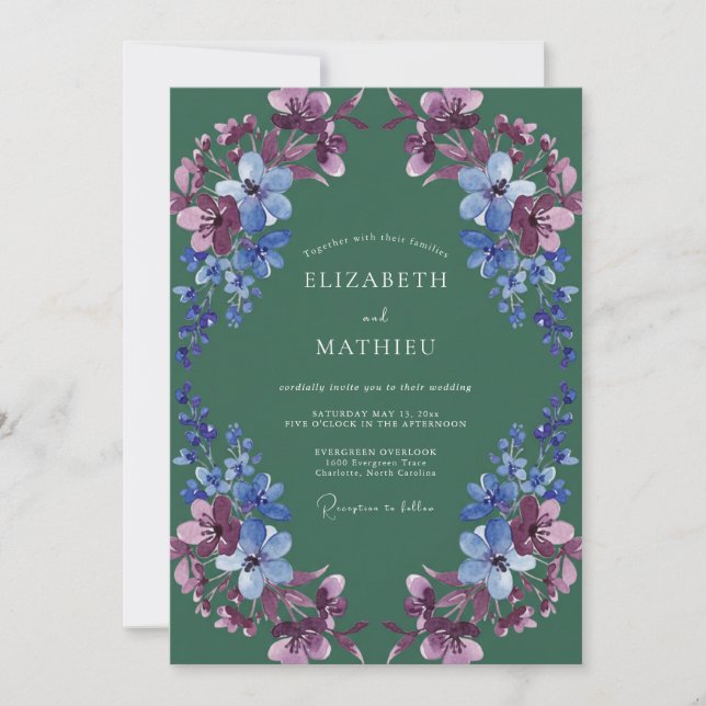 Emerald Blue Floral Romance Wedding Invitation (Front)