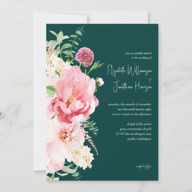 Emerald Blush Dark Moody Floral Stylish Script Invitation (Front)