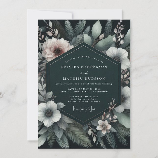 Emerald Blush Moody Flora Wedding Invitation (Front)