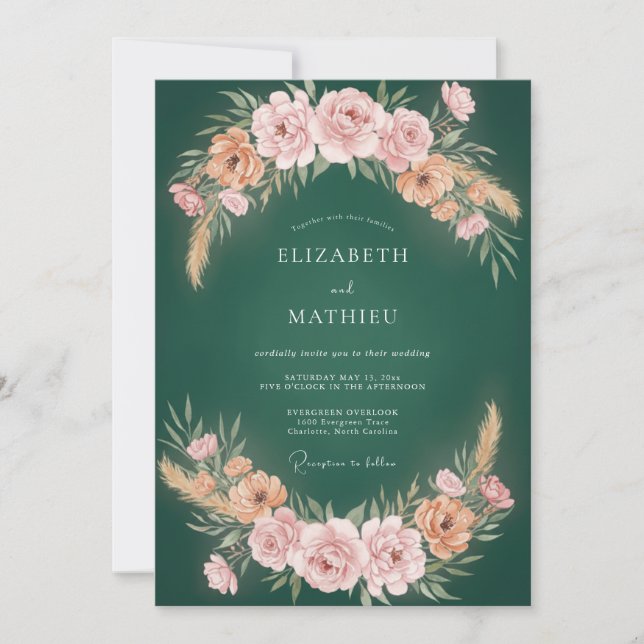 Emerald Blush Pink Wreath Wedding Invitation (Front)