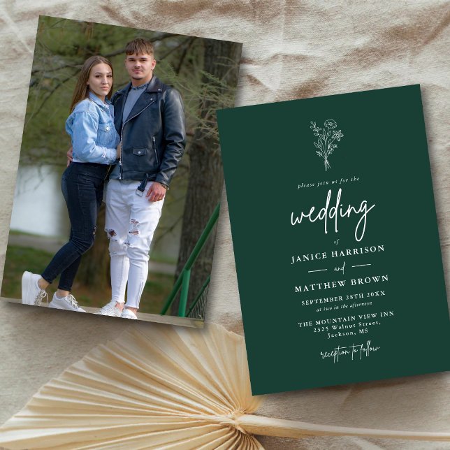 Emerald Boho Minimalist Botanicals Photo Wedding Invitation (Emerald botanical photo invitation adds lush elegance while showcasing your personalized love story)