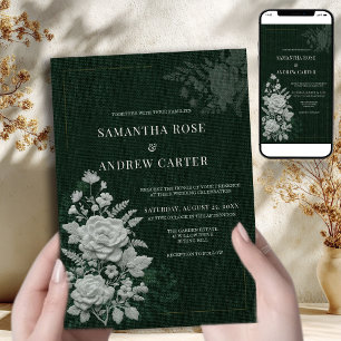 Emerald Botanical Faux Embossed Floral Wedding Invitation