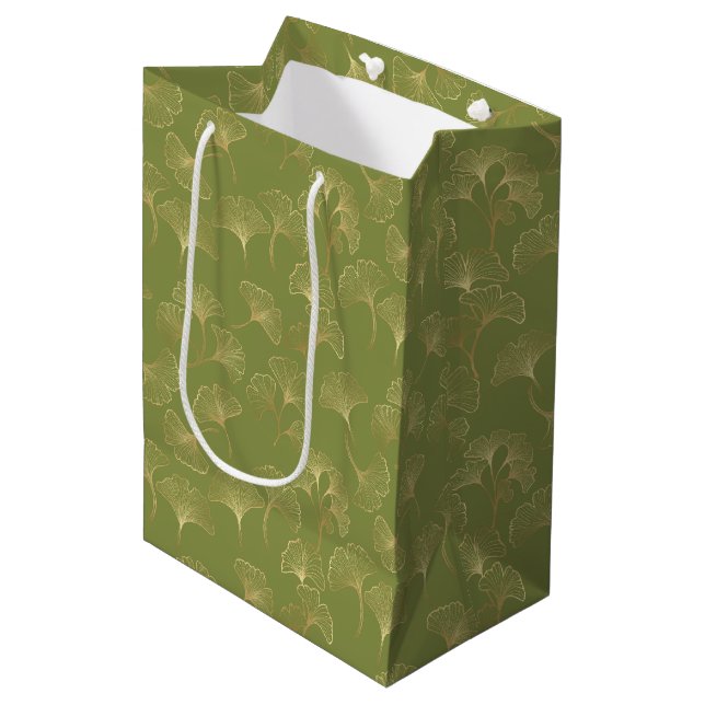 Emerald Botanical Gold Ginkgo Leaf Luxury Pattern Medium Gift Bag (Front Angled)