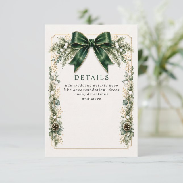 Emerald Bow Botanical Floral Winter Wedding  Enclosure Card (Standing Front)