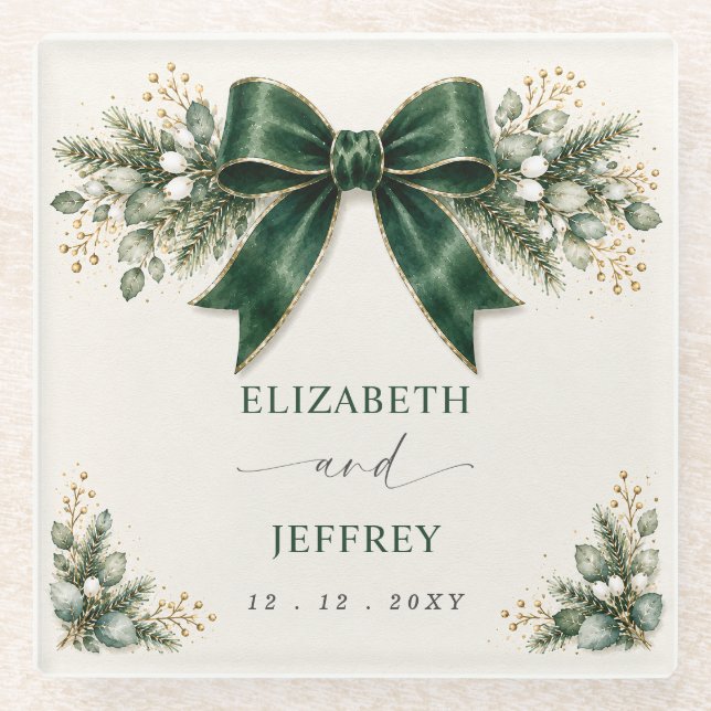 Emerald Bow Botanical Floral Winter Wedding Glass Coaster (Front)