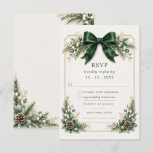 Emerald Bow Botanical Floral Winter Wedding RSVP Card