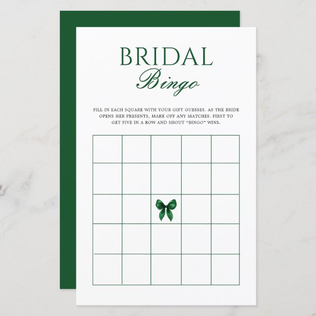 Emerald Bow Bridal Shower Bingo Game (Front/Back)