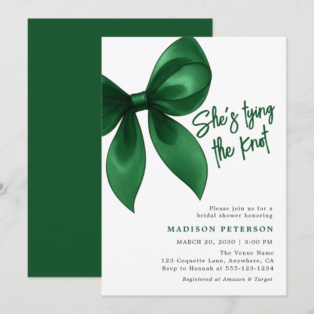 Emerald Bow She's Tying the Knot Bridal Shower Invitation (Front/Back)