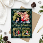 Emerald Buffalo Plaid Christmas Photo Collage<br><div class="desc">Modern and festive plaid photo holiday card features a collage of 3 photos framed by a border and accents of real gold foil and hand painted watercolor emerald green and black buffalo plaid check patterned background. Personalize the custom "Merriest Christmas" text with your preferred wording, family name, and the year....</div>