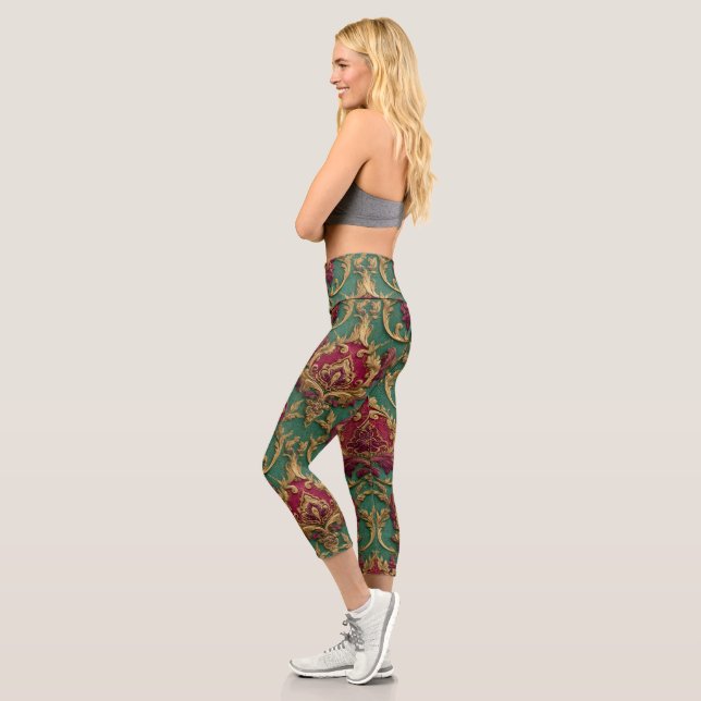Emerald Burgundy Baroque Damask Capri Leggings (Left)