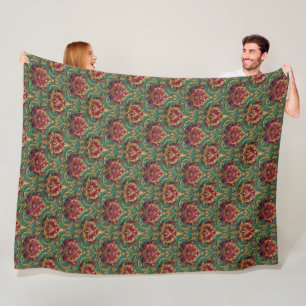 Emerald Burgundy Baroque Damask Fleece Blanket