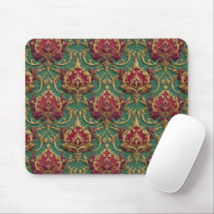 Emerald Burgundy Baroque Damask Mouse Pad