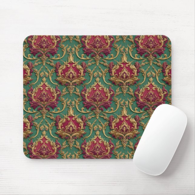 Emerald Burgundy Baroque Damask Mouse Pad (With Mouse)