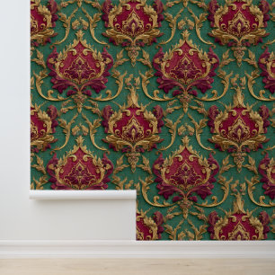 Emerald Burgundy Baroque Damask Wallpaper