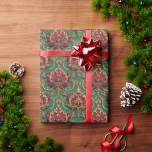 Emerald Burgundy Baroque Damask Wrapping Paper