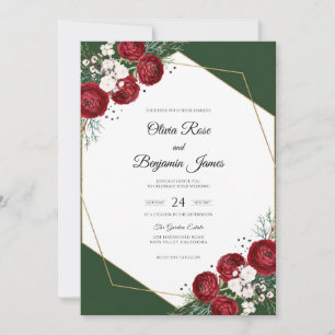 Emerald Burgundy Flower Dusty Eucalyptus Wedding Invitation