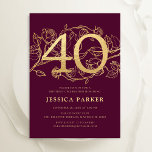 Emerald Burgundy Gold Elegant 40th Birthday Invitation<br><div class="desc">Elegant burgundy maroon gold 40th birthday party invitation. Customisable dark red marsala wine design featuring roses botanical accents and typography script font. Simple floral invite card perfect for a stylish female bday celebration. Personalise with your own details. Printed Zazzle invitations or instant download digital printable template.</div>