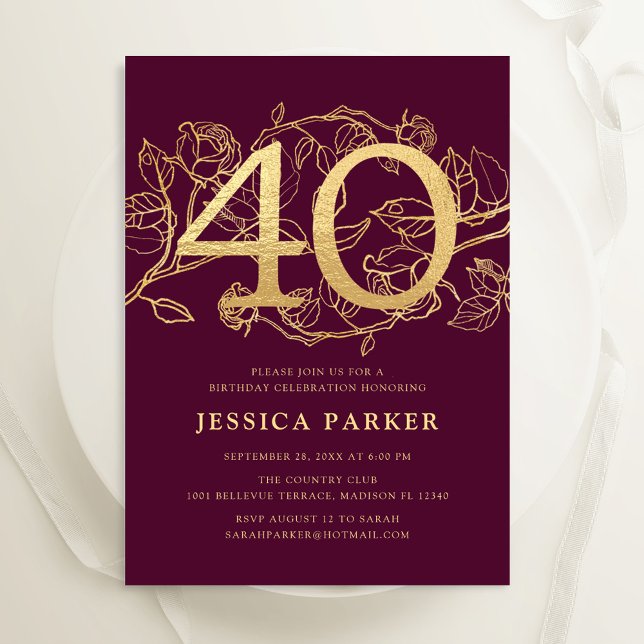 Emerald Burgundy Gold Elegant 40th Birthday Invitation (Creator Uploaded)